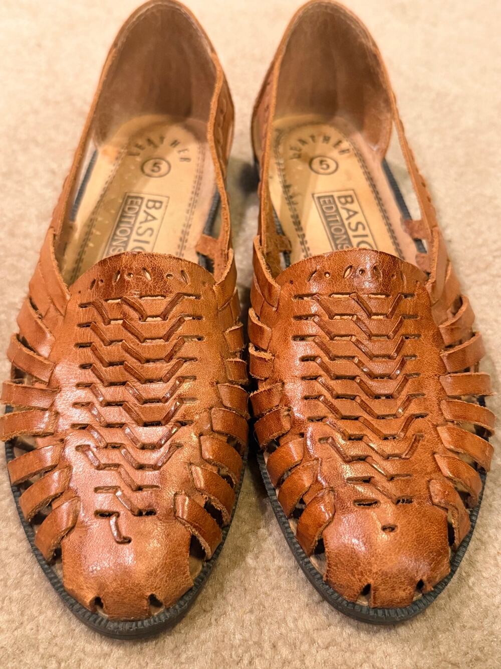 Vintage Basic Editions Woven Leather Huarache Flats Sandals Tan Women's Size 5